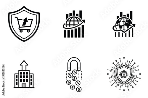 Collection of icons representing business, security, growth, and finance concepts