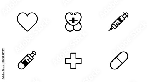 Syringe, Pill, Test Tube, Heart, Cross on White Background