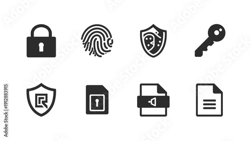Lock, Fingerprint, Shield, Key, Document - Monochrome Flat Vector on Clean White Background