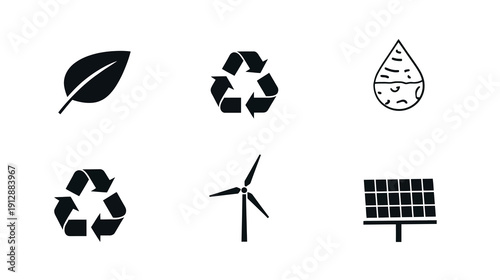 Eco and Sustainability Icon Set Featuring Leaf, Recycle Symbol, Water Drop, Wind Turbine, Solar Panel on Clean White Background