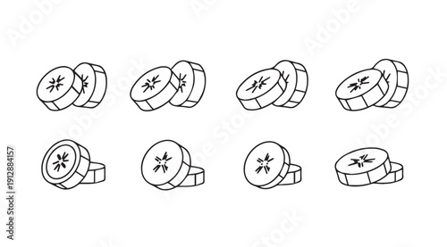 Banana Slices Icon Set, Outline Fruit Food Vector Graphic