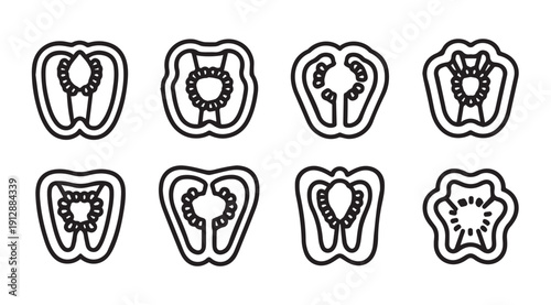 Bell Pepper Halves Line Art Collection, Top View, Fresh Vegetable Icons