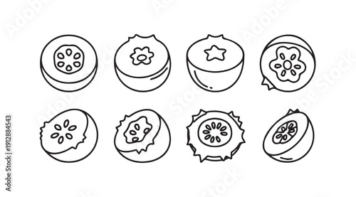 Blueberry Icons: Whole and Halved Fruit Line Art, Isolated on White