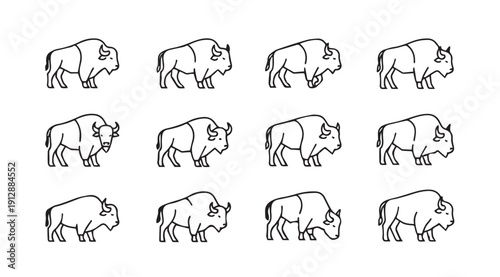 Bison Icons Collection, Outline Style, Simple Vector Graphics