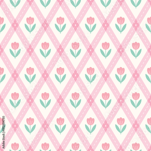 Photography Sweet seamless argyle pattern featuring pink tulips inside a diamond grid with stitched details on a light cream background