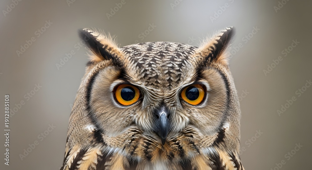 Obraz premium Majestic Eurasian Eagle-Owl Portrait Staring Directly with Intense Orange Eyes Against a Soft Blurred Background