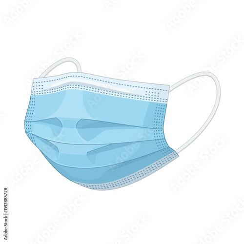 Light blue surgical face mask with white elastic straps isolated on transparent background