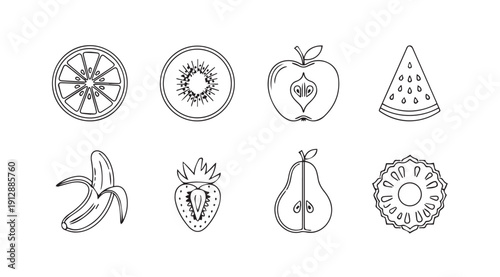 Collection of Fruit Icons: Orange, Kiwi, Watermelon, Banana, Strawberry, Pear, Pineapple