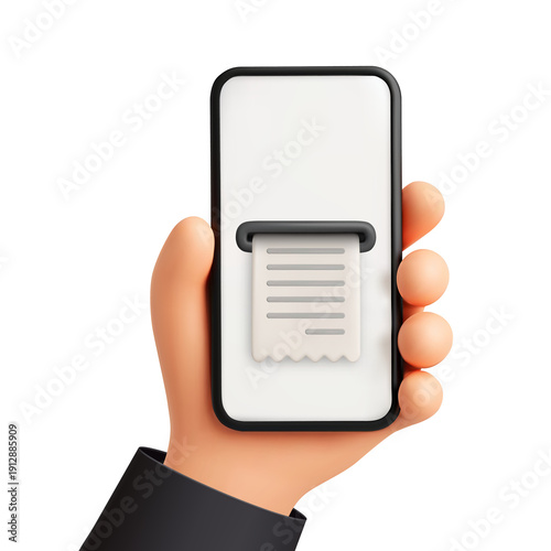 3D cartoon hand holding smartphone with digital receipt, online payment success and electronic bill transaction concept isolated on transparent background, png