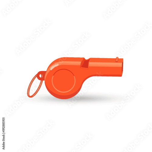 Bright orange plastic whistle with keychain ring isolated on white background