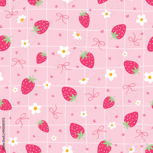 Seamless pattern with sweet strawberries, white daisies, and dainty pink bows on a soft pink grid background. Vector illustration.