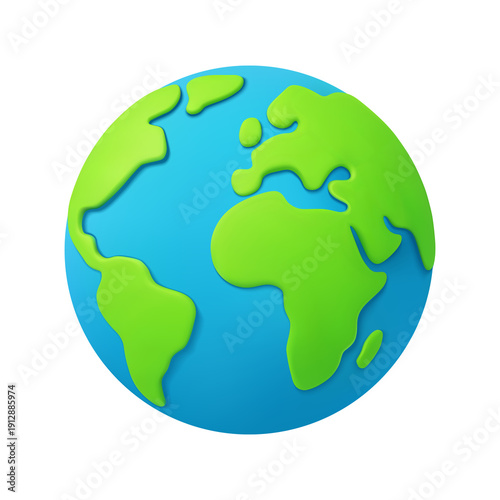 Stylized 3D Earth globe icon showing Africa Europe and Americas, cute minimalist planet concept for ecology isolated on transparent background, png