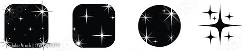 Sparkle and glitter shape icon set with rounded squares, circles, and shining star elements for luxury design concepts
