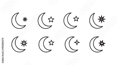 Crescent Moon and Star Icons Collection, Simple Line Art, Isolated on White