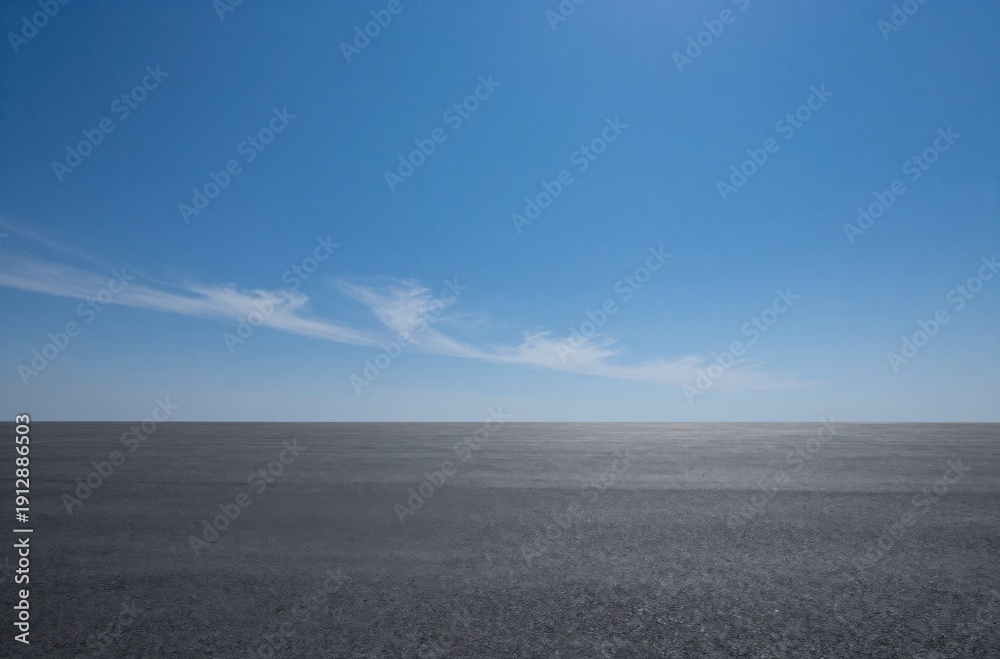Fototapeta premium Open Asphalt Space Under a Vibrant Blue Sky with Wispy Clouds, Ideal for Commercial Mockups