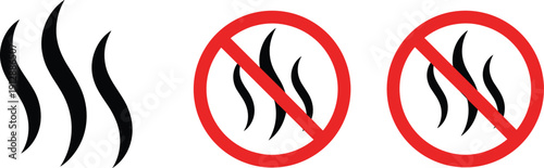 No smell and odor warning icon set with steam symbols and prohibition signs for safety and hygiene concepts