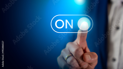 Tableau sur toile Businessman Pressing ON Button, Powering On Process Start, Activating System Set