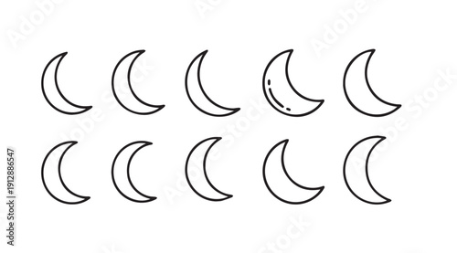Crescent Moon Icons Set, Phases of the Moon, Celestial Body Outline Graphics, Stock Media