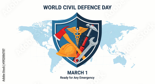 World Civil Defence Day March 1, Emergency Preparedness, Safety Shield, Global Map