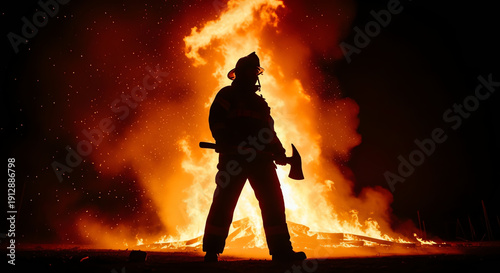 Firefighter Silhouette Against Intense Bonfire at Night