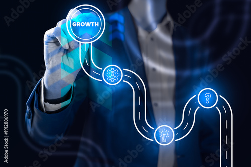 Business Growth Road With Obstacles And Innovative Ideas, Skills Development Leading To Growth, Startup Strategy, Problem Solving And Goal Achievement Concept