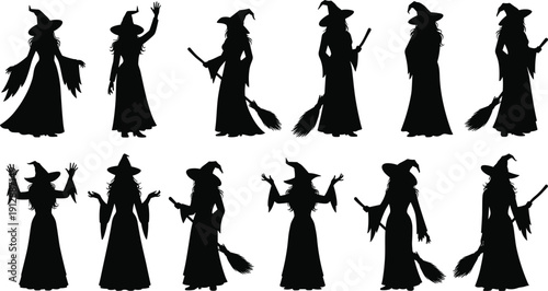 Witch silhouette set, female sorceress with broomstick in various magical poses, Halloween character collection isolated on white background for spooky seasonal design,