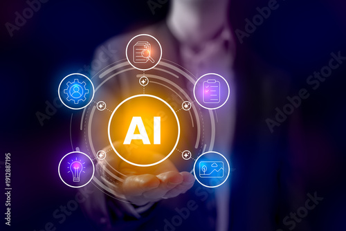 Implementing Artificial Intelligence In Company Operations, AI Capabilities And Services, Image Generation, Information Research, Innovative Ideas And Skill Development Concept