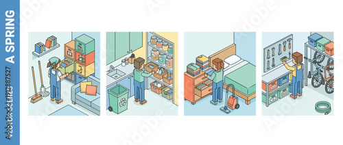 Set of four isometric vector illustrations of spring cleaning day at home with organized storage, decluttering living room, kitchen pantry, bedroom dresser, and garage workshop for tidy living.
