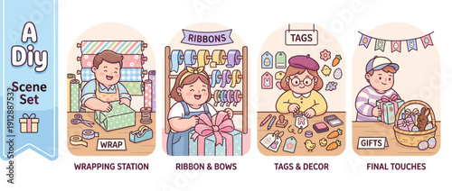 Cute Vector Illustration Set of DIY Easter Gift Wrapping Station with People Wrapping Presents, Tying Ribbons, Decorating Tags with Bunny Stamps, and Preparing Holiday Baskets with Chocolate Eggs.