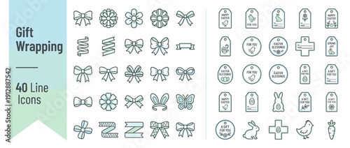 Set of 40 Easter Gift Wrapping Line Icons Featuring Decorative Bows, Ribbons, and Festive Tags with Bunny, Chick, and Egg Illustrations for Spring Holiday Packaging and Present Decoration.