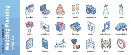 Wedding Planning Icon Set: 20 Isometric Vector Symbols for Marriage Preparation, Including Rings, Cake, Flowers, Invitations, Photography, Venue, Catering, Music, Travel, Beauty, and Decor.