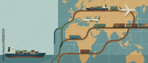 Global Logistics and Supply Chain Management Concept Banner with World Map, Cargo Ships, Airplanes, Freight Trains, and Delivery Trucks Representing International Trade and Transportation.