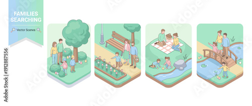 Set of four isometric vector illustrations of families searching for hidden Easter eggs in a spring park, featuring parents and children in a garden, on a bridge, and having a picnic outdoors.