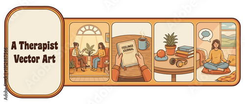 Set of 4 Retro Vector Illustrations for Mental Health Awareness Featuring a Therapy Session, Journaling Feelings, Self-Care Coping Tools, and Meditation for Stress Relief, Mindfulness and Wellness