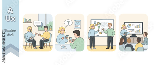 UX Design Process Vector Set: Researcher Interviewing Users, Conducting Usability Testing on Mobile Prototypes, Brainstorming with Sticky Notes, and Presenting Data Analytics to Stakeholders.