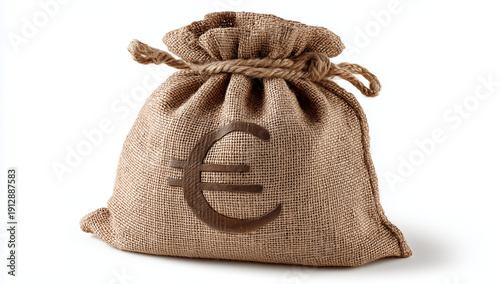 a burlap money bag with the european symbol of currency, in the style of a clipart illustration on a white background