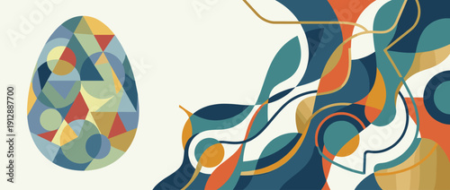 Modern Abstract Easter Egg Banner Illustration, Large Geometric Patterned Egg with Flowing Organic Lines and Shapes in Teal, Orange, and Yellow on a Neutral Background, Panoramic Vector Artwork