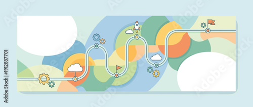 Panoramic vector banner illustration of a product roadmap with a winding timeline line and milestones including rocket, gears, flags, and clouds on a colorful abstract background for business.