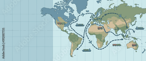 Global logistics and supply chain concept banner with world map grid, featuring international shipping routes, cargo ships, airplanes, delivery trucks, and freight trains for global commerce.