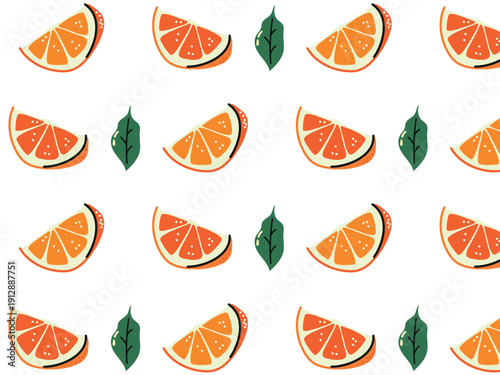 Seamless citrus fruit pattern with mandarins and oranges, bright hand drawn flat vector background with orange slices, whole fruits and green leaves, colorful botanical repeat design for packaging