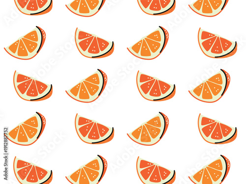 Seamless citrus fruit pattern with mandarins and oranges, bright hand drawn flat vector background with orange slices, whole fruits and green leaves, colorful botanical repeat design for packaging