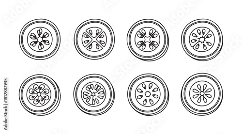 Eight Different Slices Of Fruit, Vegetable, Or Flower, Line Art, Isolated