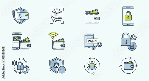 Digital Financial Security and Payment Icons with Secure Wallet, Fingerprint Scan, Wi-Fi, and Smartphone Lock, in bright studio