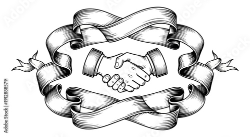 Ornate Handshake Icon with Decorative Ribbon Banner, Symbolizing Agreement, Partnership, and Honor, isolated white background
