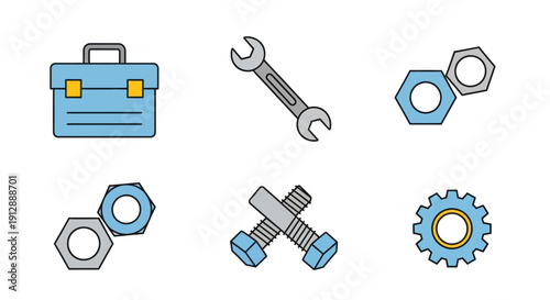 Mechanic and Repair Tools Set with Toolbox, Wrench, Nuts, Bolts, and Gear on Isolated White Background