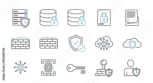 Comprehensive Data Security and Cybersecurity Icon Set with Servers, Database Locks, and Network Protection on Isolated White Background