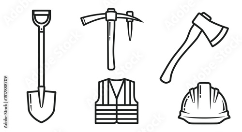Construction and Mining Tools Outline Collection with Shovel, Pickaxe, Axe, Safety Vest, and Hard Hat on Isolated White Background