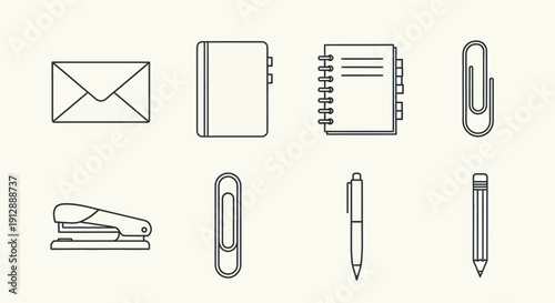 Professional Office Stationery Icons Collection with Envelope, Notebook, Pen, Pencil, and Stapler on Isolated White Background