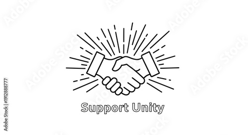 Handshake with Radiating Lines and Support Unity Text Outline Icon on Isolated White Background