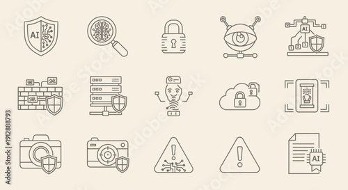 Cybersecurity and Artificial Intelligence Data Protection Line Icons Set on Beige Background